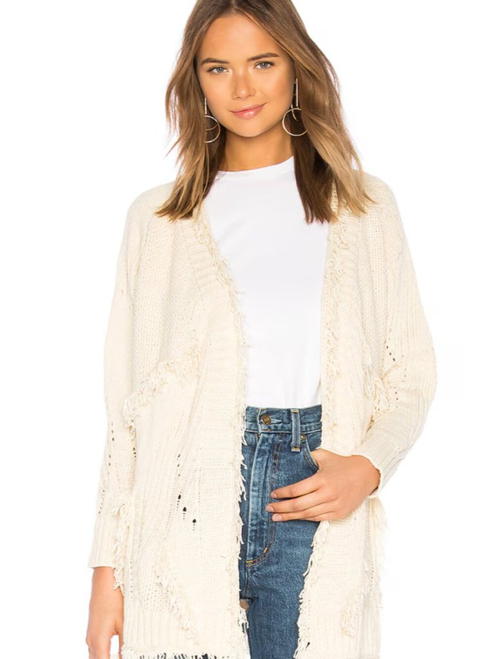 TULAROSA | REVOLVE Cream Fringe Cable Knit Open Front Cardigan Sweater | Size M